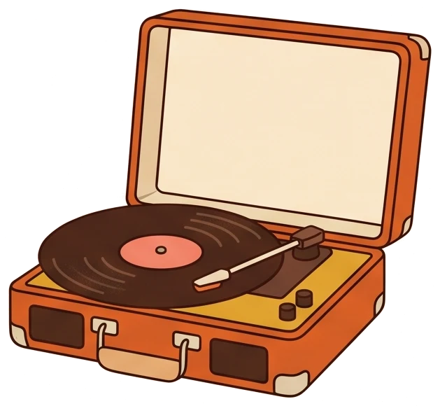Ilustração de uma vitrola portátil com um disco